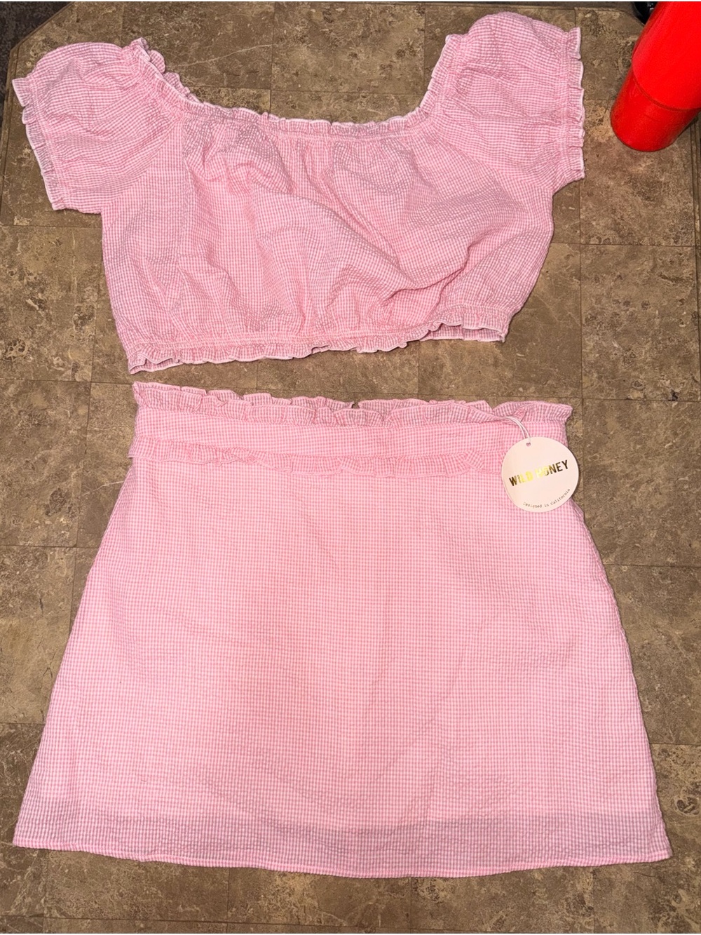Wild Honey Pink Gingham Mini Skirt & Top Set - NWT Large